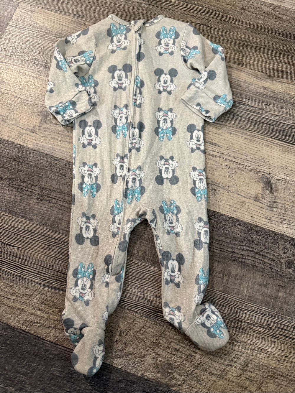 Disney Baby Minnie Mouse Footed Sleeper Pajamas Gray Blue Polka Dot Bow Size 3M